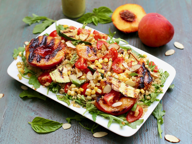 Grilled Peach, Zucchini, Quinoa Salad with a Lemony Basil Vinaigrette